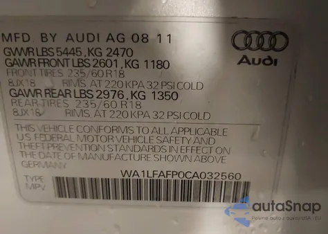 2012 Audi Q5 2.0T Premium from USA, damaged, VIN WA1LFAFP0CA032560